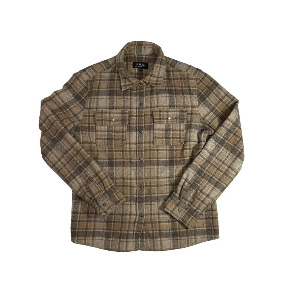 A.P.C. Womens Tan Plaid Wool Slim Fit Long Sleeve Button Up Short Size‎ XS
